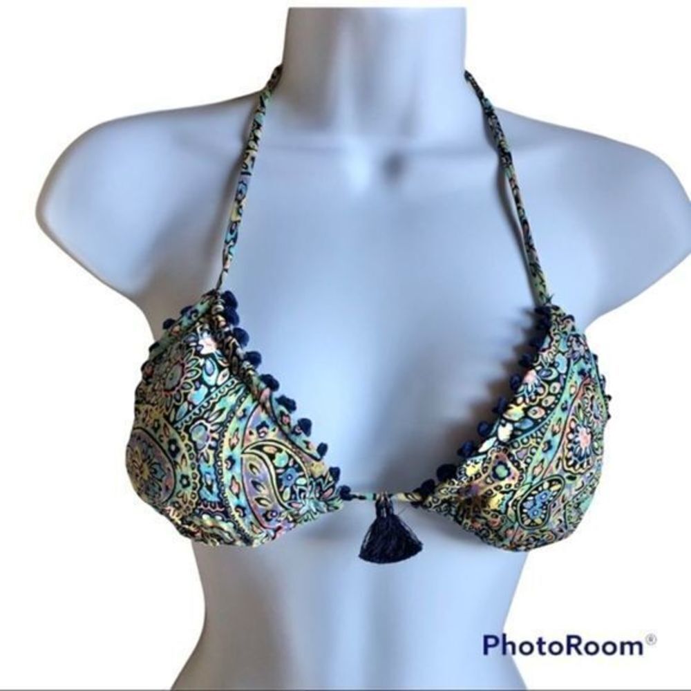Victoria’s Secret navy blue multi color triangle top with tassel ties small - Picture 5 of 7